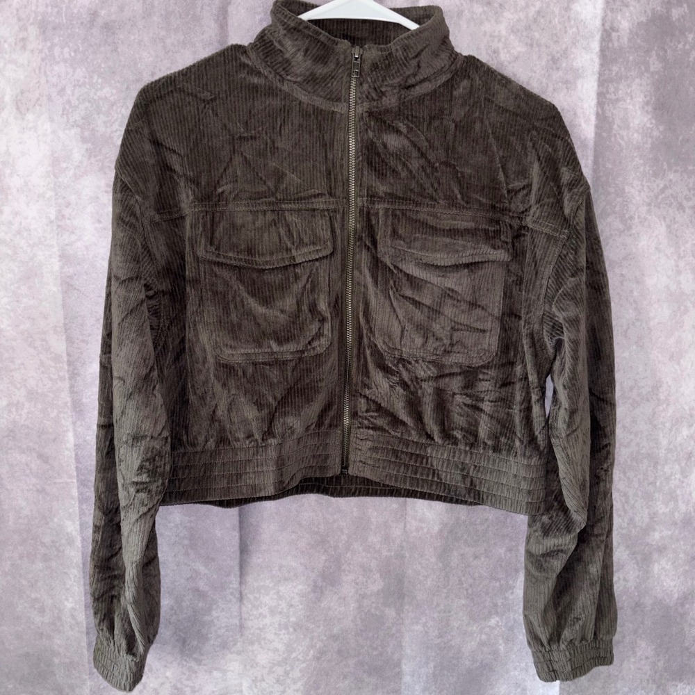 Aerie Womens Small‎ Olive Green Corduroy Cropped Full Zip Utility Jacket